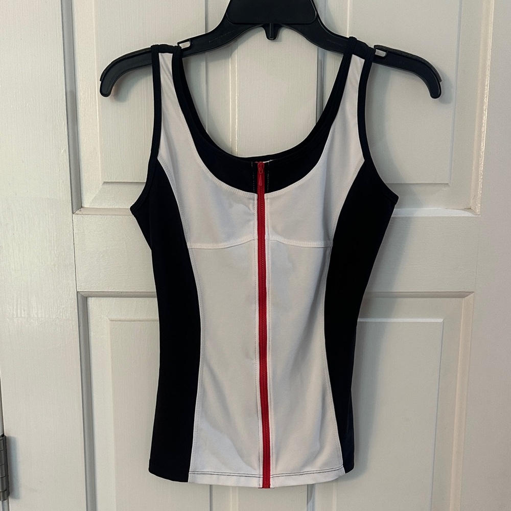Elegant Women's Black and White Tank Top with Red Zip
